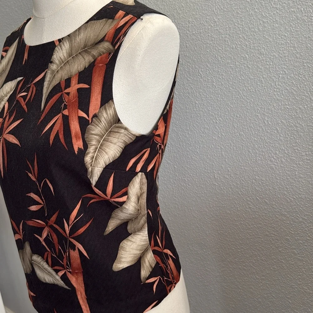 Tommy Bahama Black and Orange Leaf Print Wool and Silk Blend Tank Top Size 6 - Picture 3 of 7